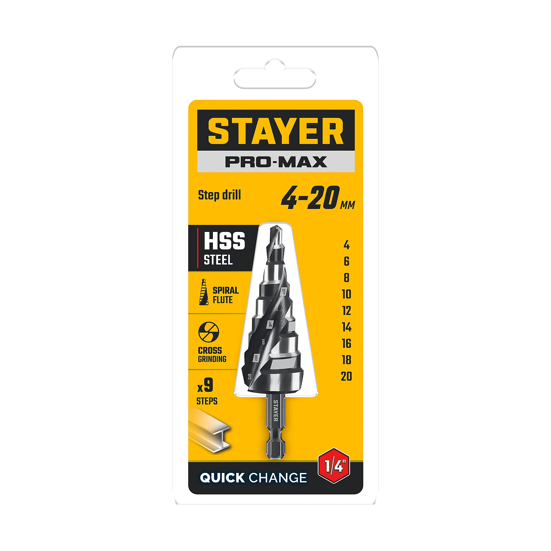 Сверло ступенчатое винтовая спираль, 4-20мм, STAYER Pro-Max